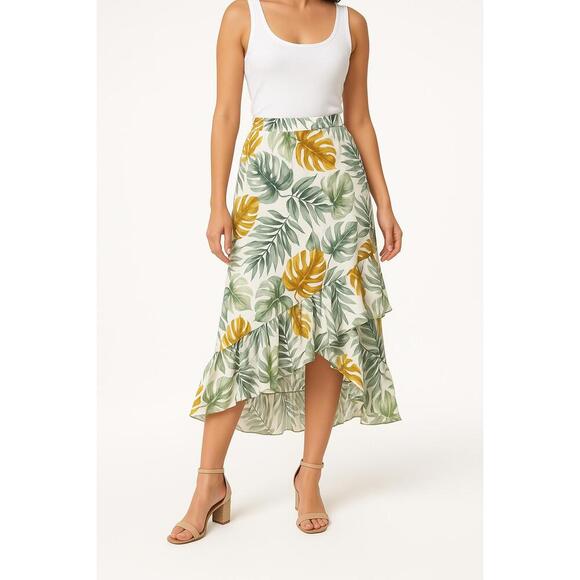 Ember Green White Tropical Leaf Ruffle Asymmetrical A Line Skirt Large Cruise - Picture 2 of 9